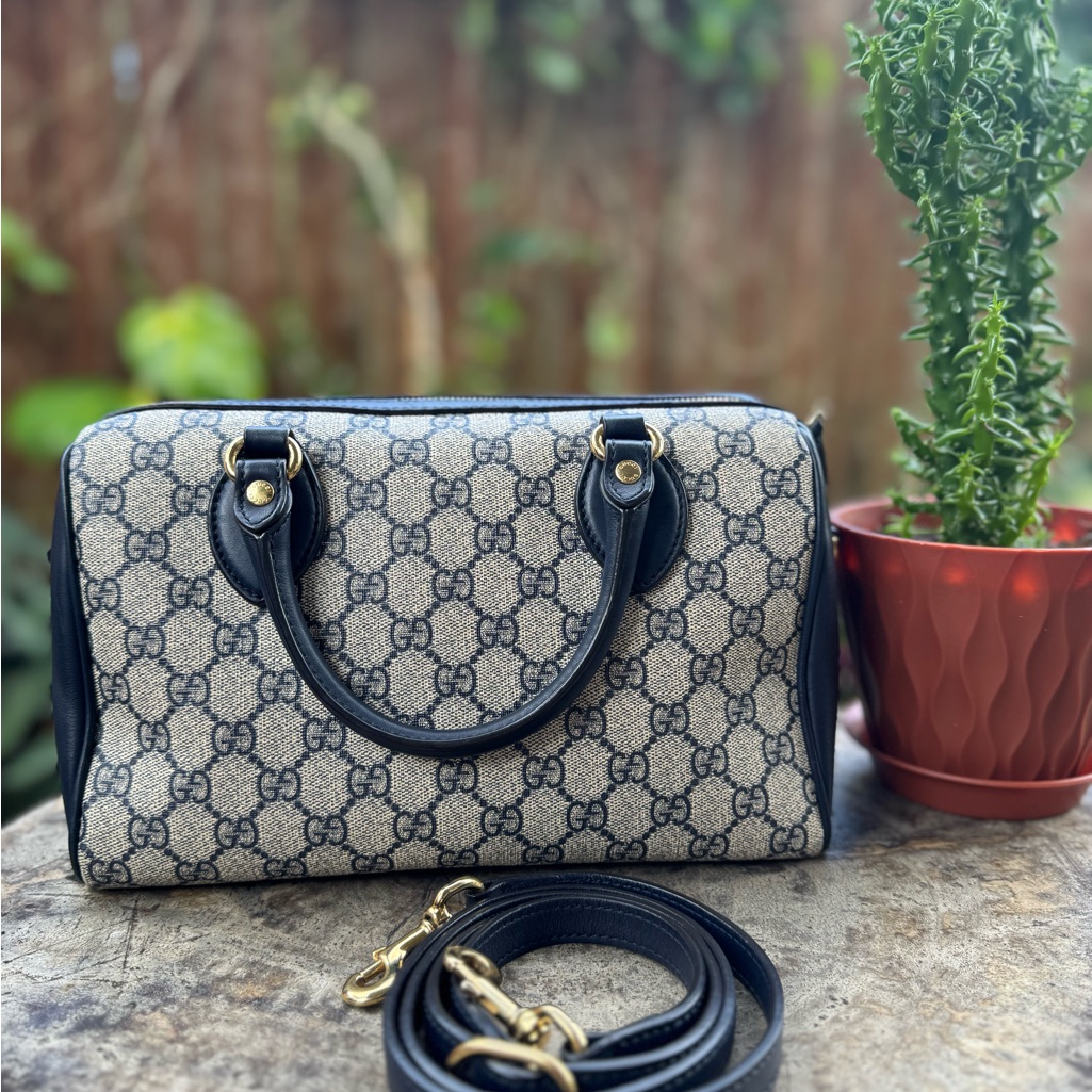Gucci Navy Gg Supreme Canvas & Leather Boston Bag